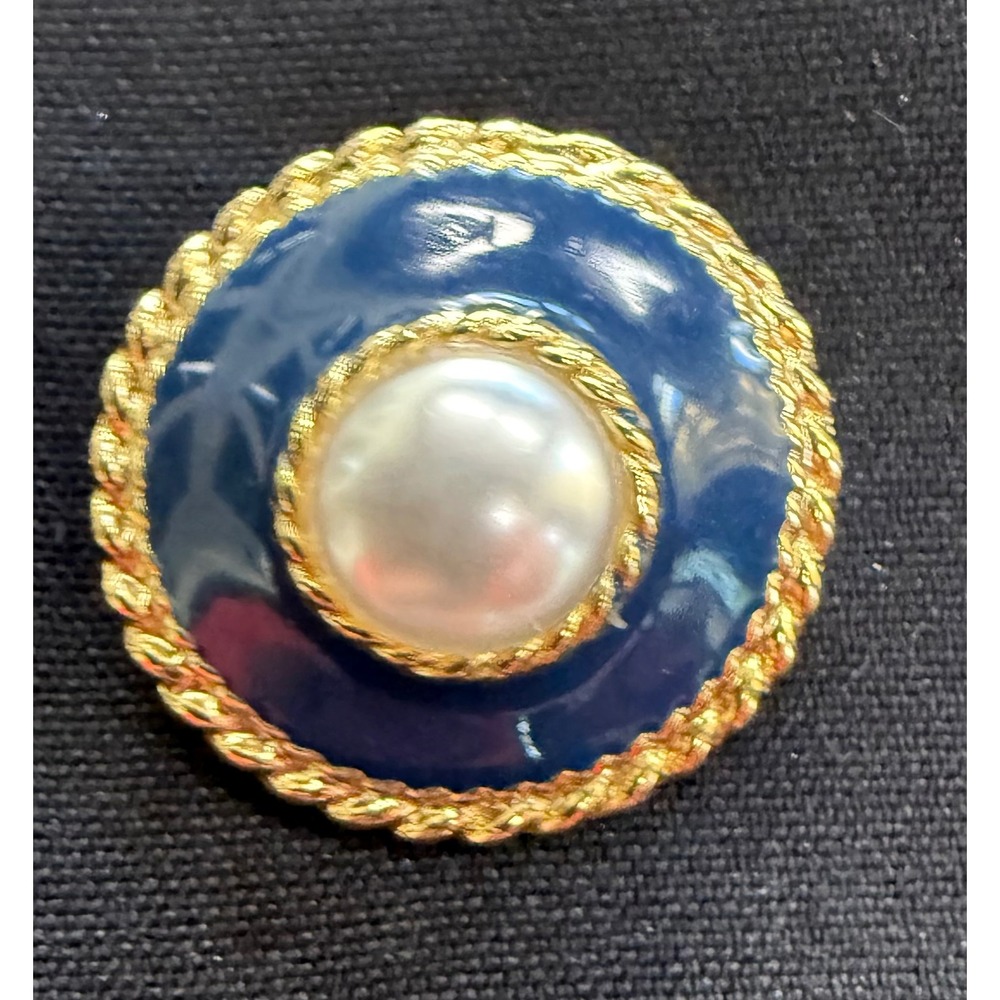 Vintage Blue Enamel Faux Pearl‎ Round Brooch Gold Tone Rope Edge